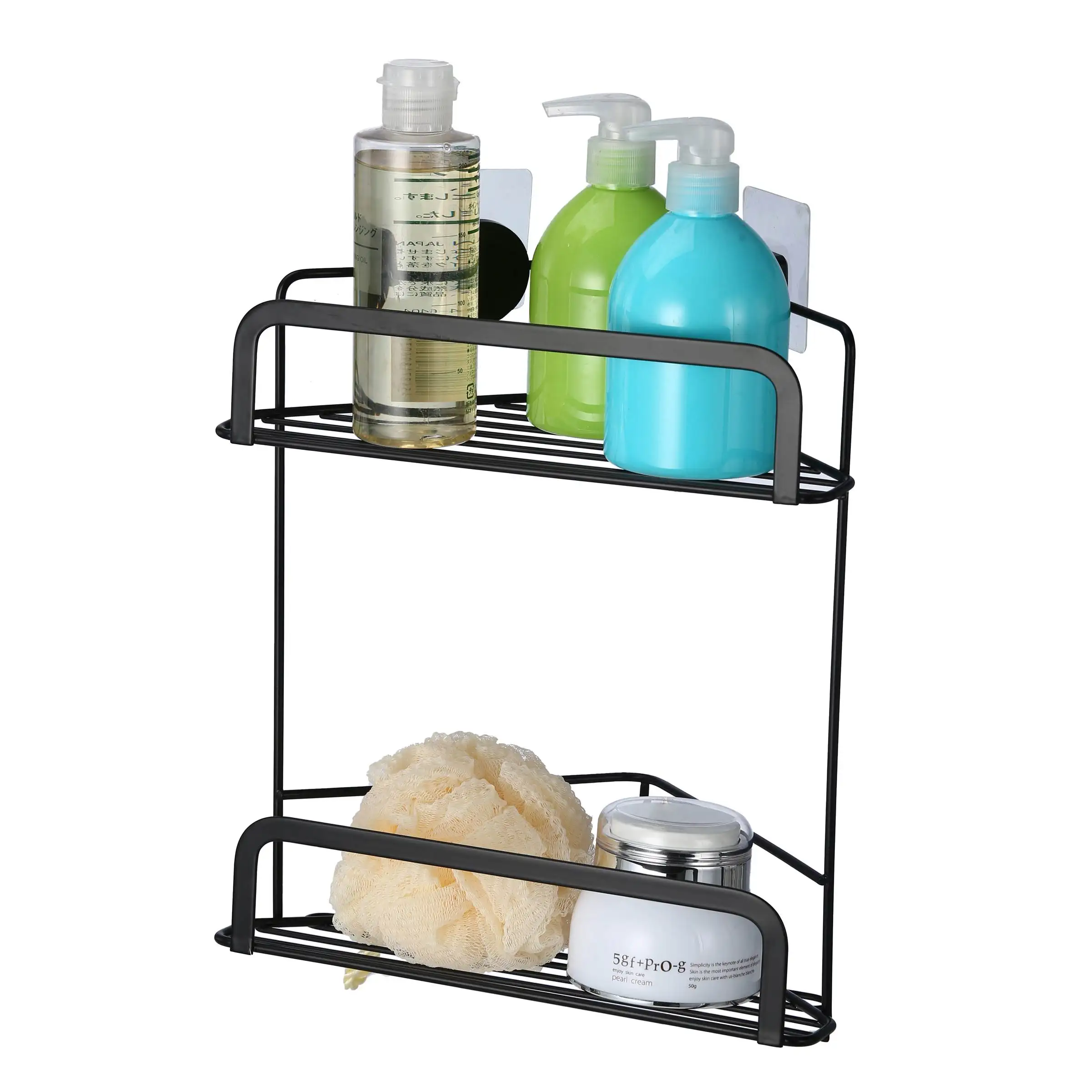 Luna Wall Mounted Adhesive Tape Bath Black Metal Organizer 2 Tier Corner Basket