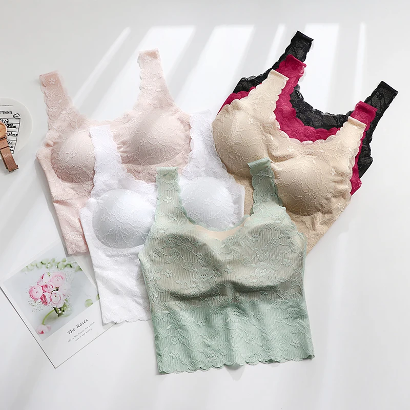 New design Hot in Europe and America women crew neck wavy gather no feel padded bra one piece seamless bra long style lace bra