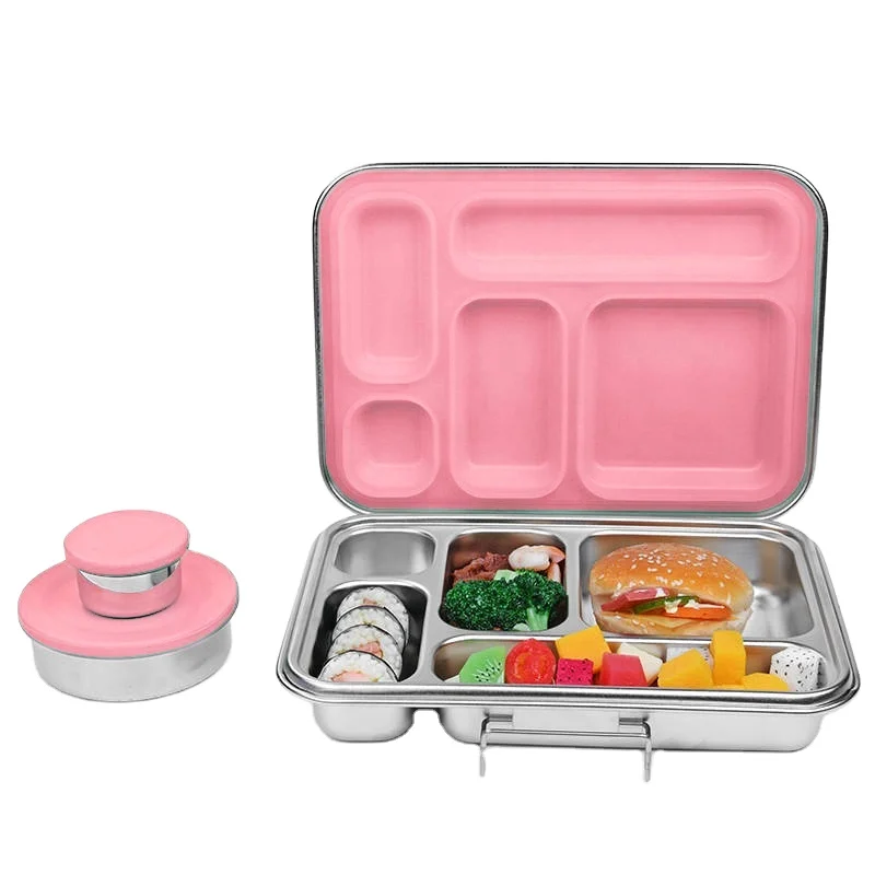 Aohea SS304 Stainless Steel dinnerware lunch box for School 5 compartment bento box with soup jar
