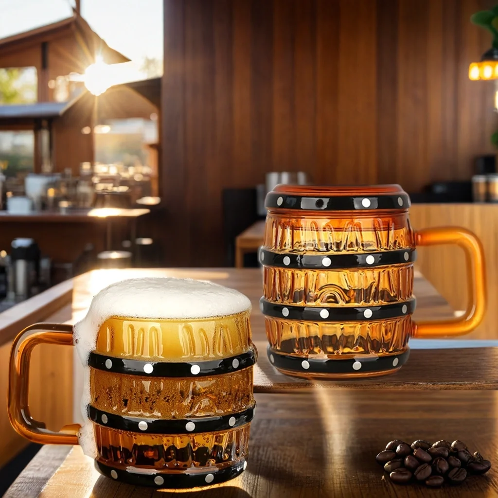 Fashion Hot Selling 470ml Creative Design Wooden Barrel Shape 16oz Milk Beverage Glass Beer Mug Cup With Handle