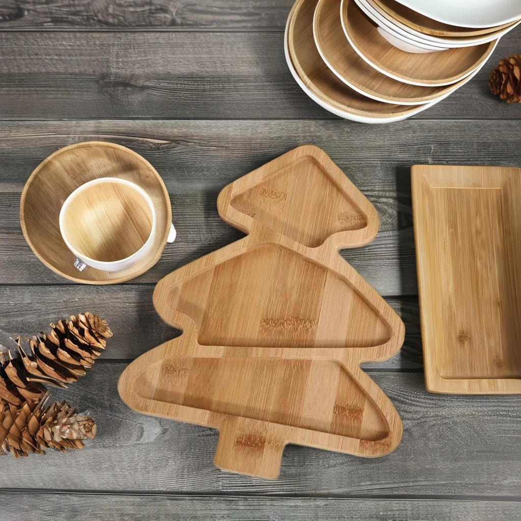 Cute Christmas Tree Design Disposable Dinner Tray Bamboo Tableware for Theme Party for Restaurant Dessert Fruit Snack Serving