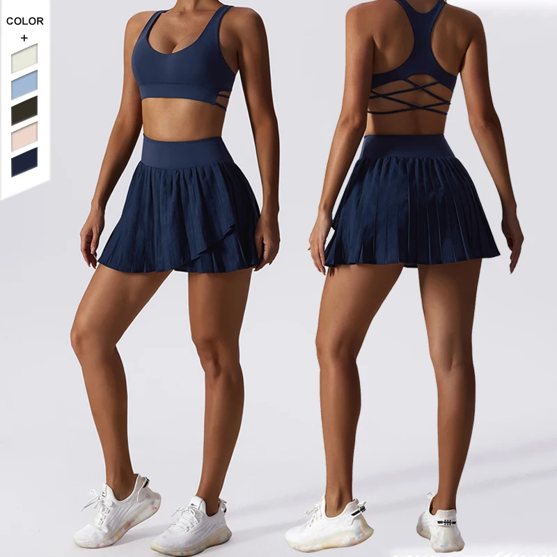 New Arrival Moisture Absorbing Quick Yoga Set Multi Layered Cross Back Bra And Short Skirt Sports Set