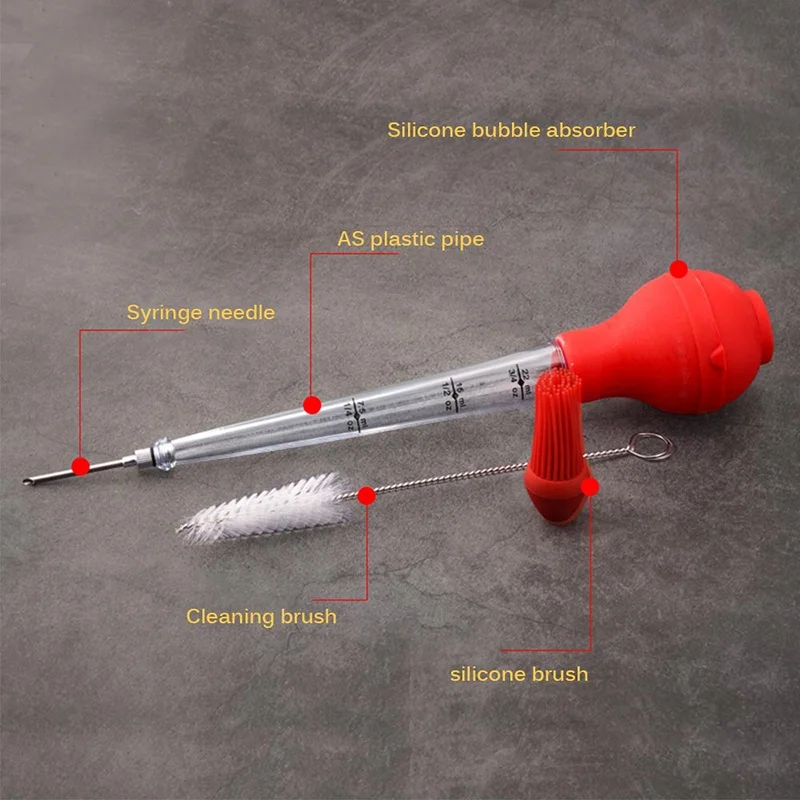 Multifunctional 4 in 1 set BBQ Barbecue marinade injector needles Cleaning Brush silicone long pump turkey baster with brush