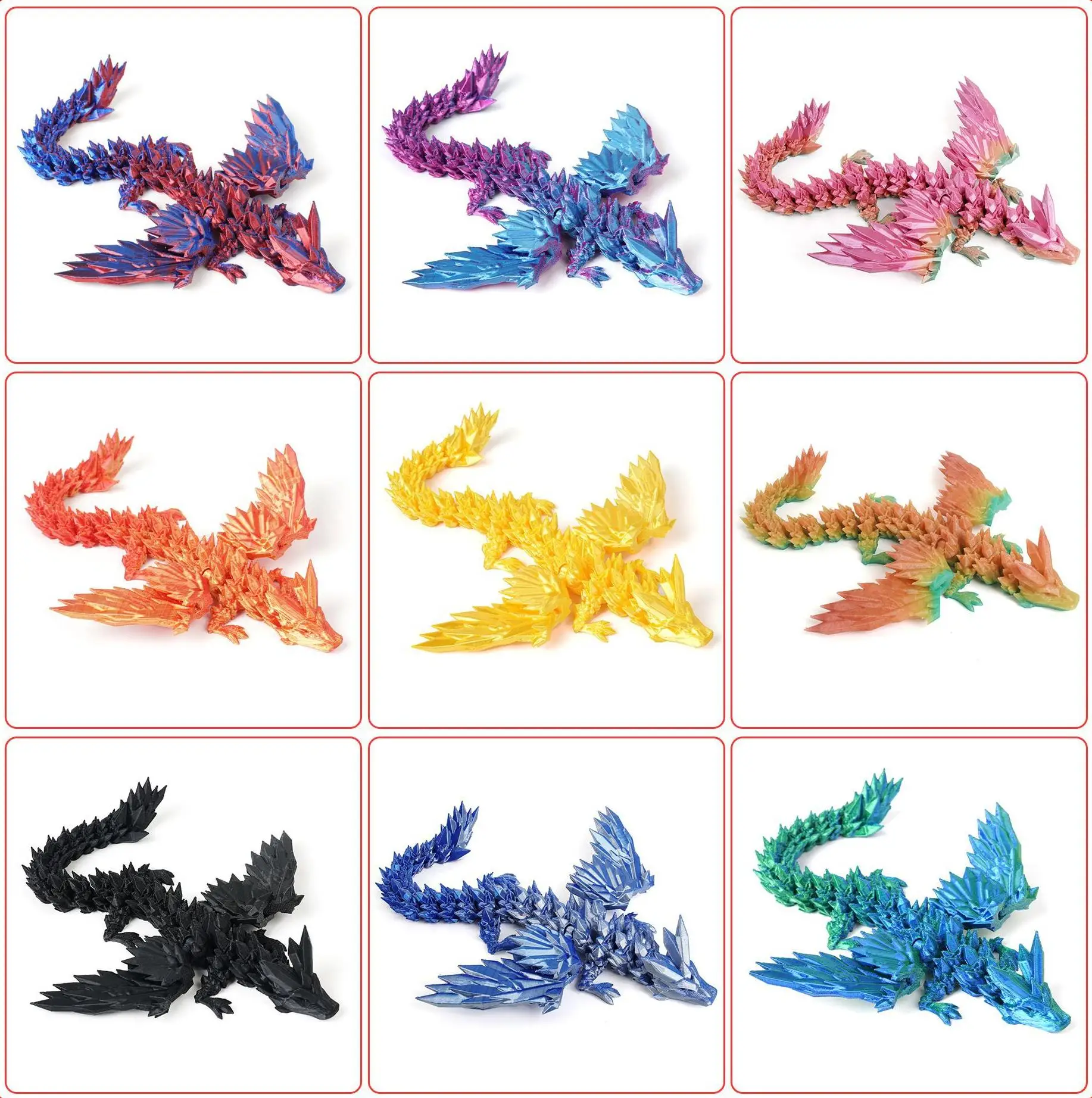 Wholesale 3D Printed Dragon Toys Crystal Dragon with Wings Big Medium Small Desk Fidget Toys Christmas Gifts