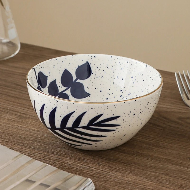 Chinese Leaves Pattern Cereal Bowl Porcelain Golden Line Small Ceramic Bowls for Crackers, Fruits, Brie and Meat