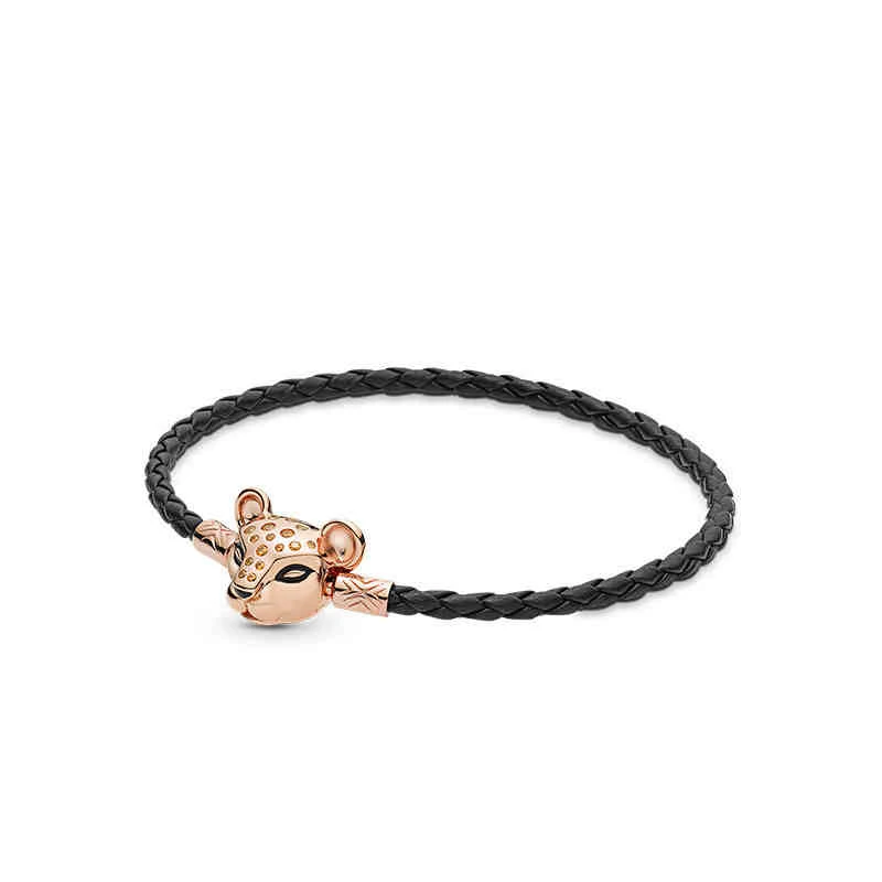 925 sterling silver Rose Golden Lion head Leather Bracelet  fit  charms bracelet women DIY Jewelry