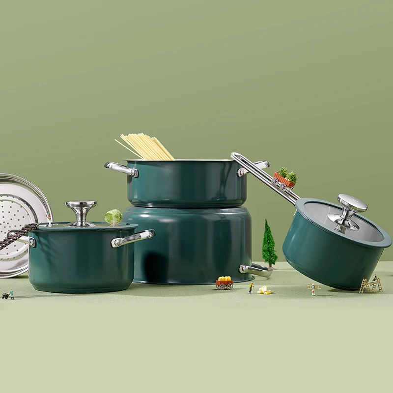 Pure Cook new arrived in stock color steel green stainless steel non stick cooking soup pots saucepan casserole cookware set