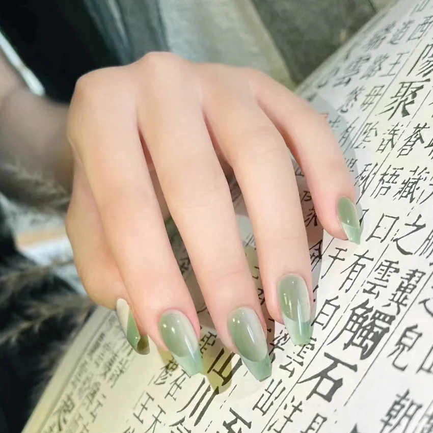Wholesale french nails press ons artificial ABS false Gradient nails long ballet predesign nail tips green colour