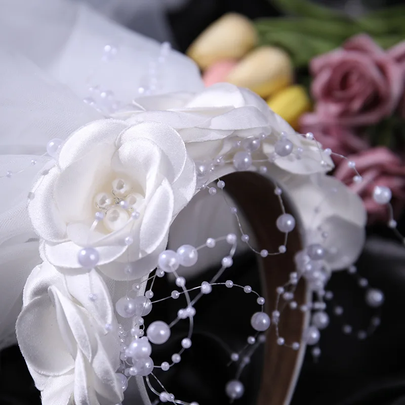 Beautiful Fashion Flower Appliquer Wedding Hair Accessories White Hairband Pearl Bridal Hair Veil