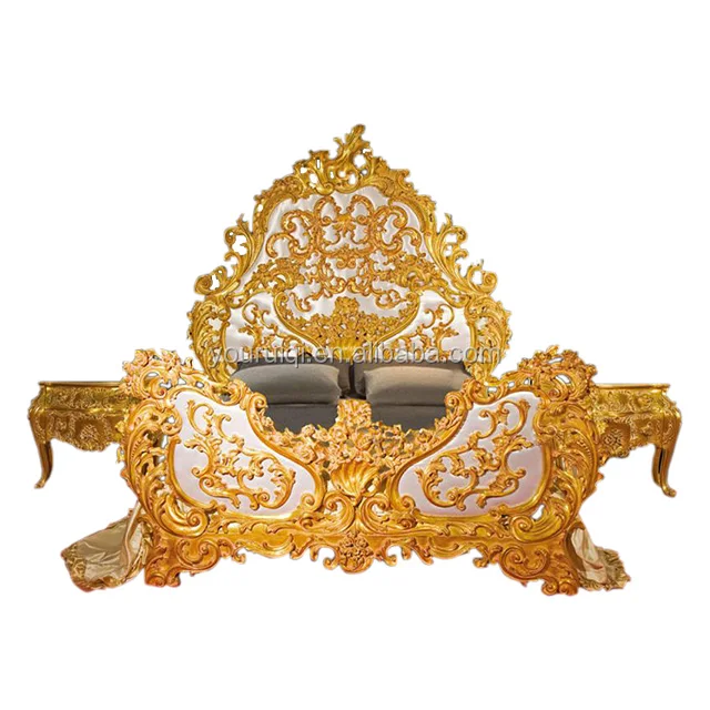 Роскошная мебель для спальни в стиле французского люфия XV рококо, позолоченная кровать королевского размера, Императорская, Арабская, индийская, резная деревянная кровать