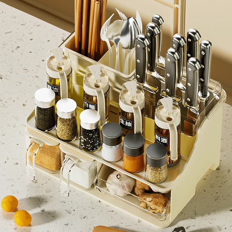 Three-Layer Standing Type Chopsticks and Condiment Bottle Storage Rack Kitchen Tools Plastic Storage Rack