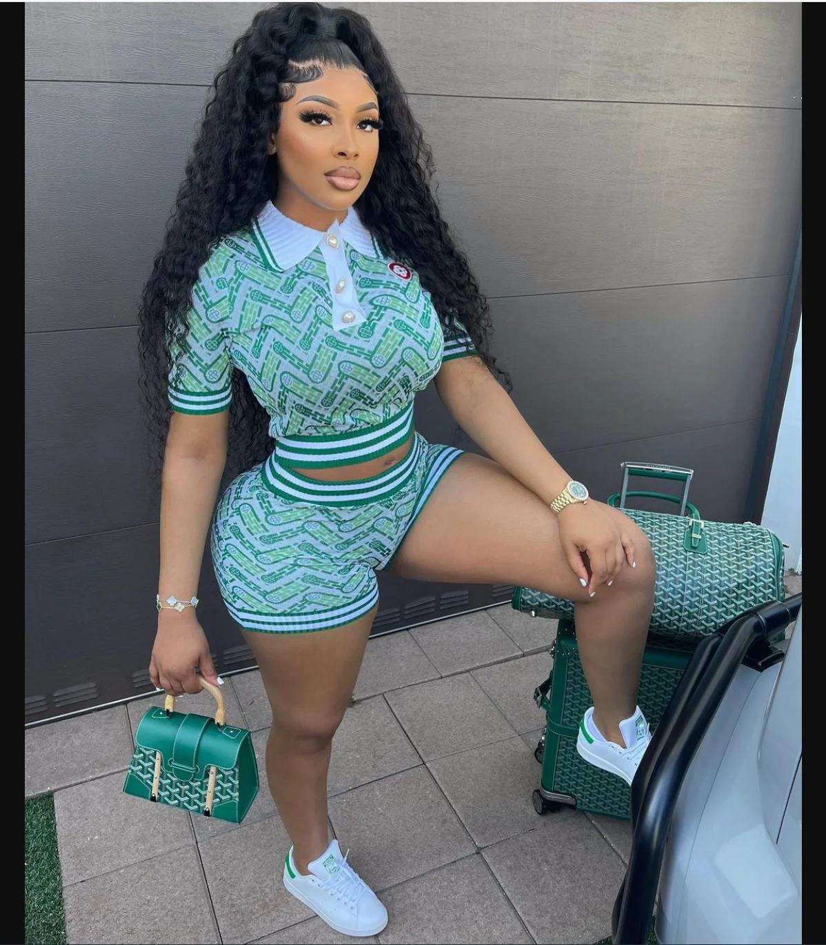 2023 European and American digital printing abstract retro casual patchwork ribbed short sleeved shorts set