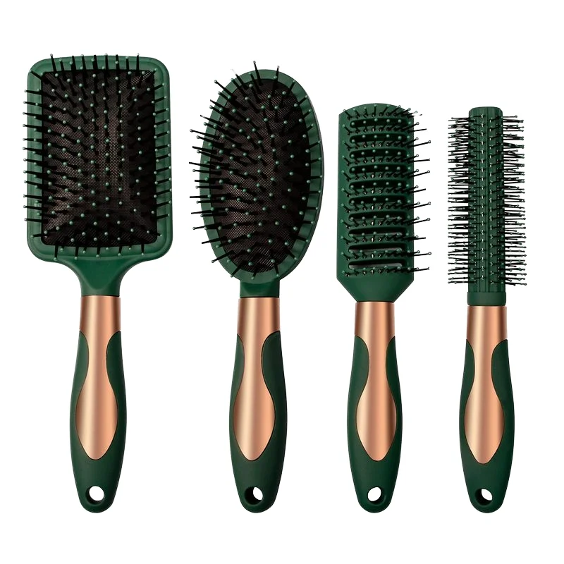 Wholesale Lady Straight & Curly Hair brush Beauty Comb Dark Green with Negative Ion Metal and Wood Handle for Personal Userubber