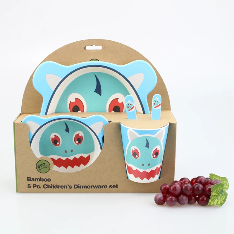 2021 Wholesale High Quality Plastic 5 Pieces Plate Bamboo Fiber Kids Dinner Set Cartoon Animal Print Tableware Set