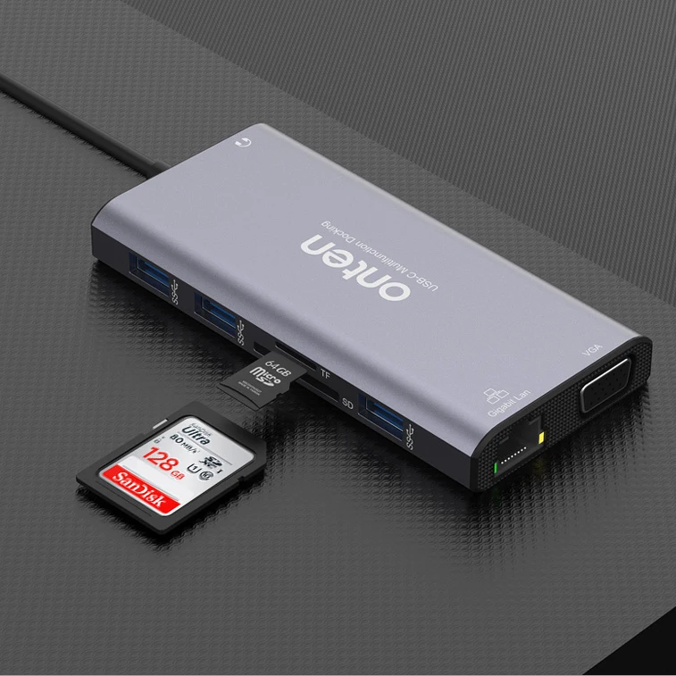 Onten Wholesale 12 in 1 USB-C Hub to Dual 4K HI Gigabit Network 2K VGA 3 USB 3.0 C Port Data PD 3.0 SD TF Audio Output OTN-UC601