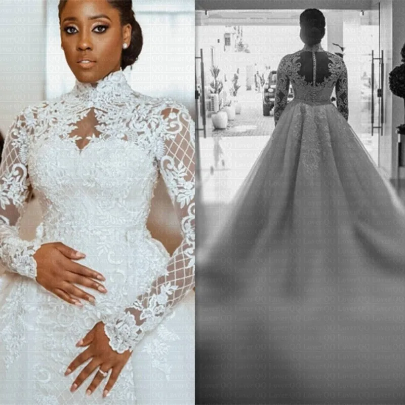 2 in 1 African Mermaid Wedding Dresses Bridal Gowns High Neck Long Sleeves Lace satin bride dress