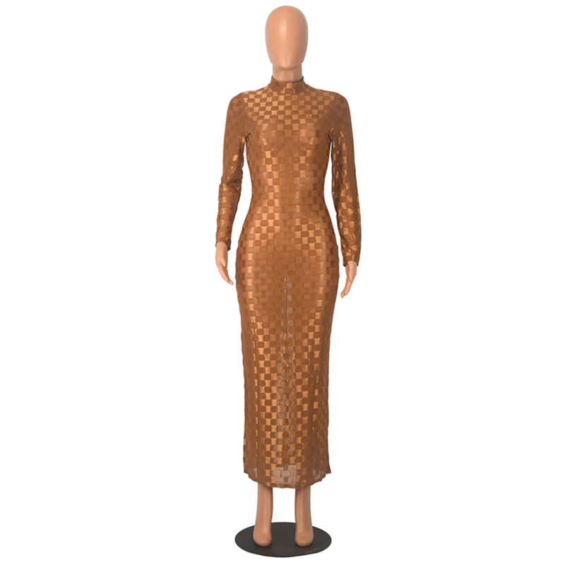 Channel 2024 Autumn Women Split Back Mock Neck Long Sleeve See Through Mesh Maxi Dress Bodycon Ladies Sexy Party Club Night