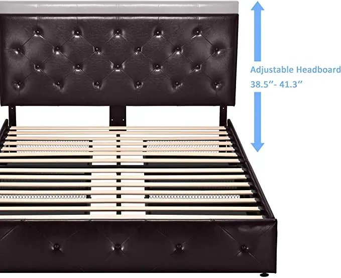 Leather Upholstered Queen Bed Frame with 4 Storage Drawers and Button Tufted Headboard, Mattress Foundation