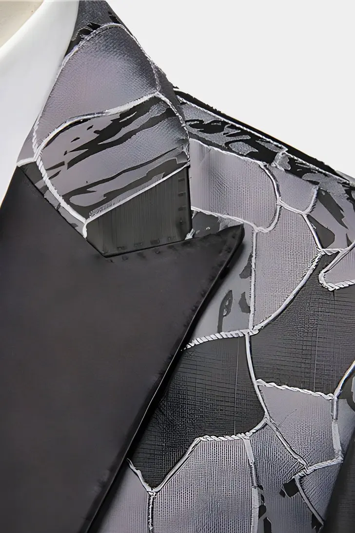 Custom Prom Suit Classic Wedding Men Tuxedo Abstract Grey & Black Tuxedo 3 Piece Men Suits