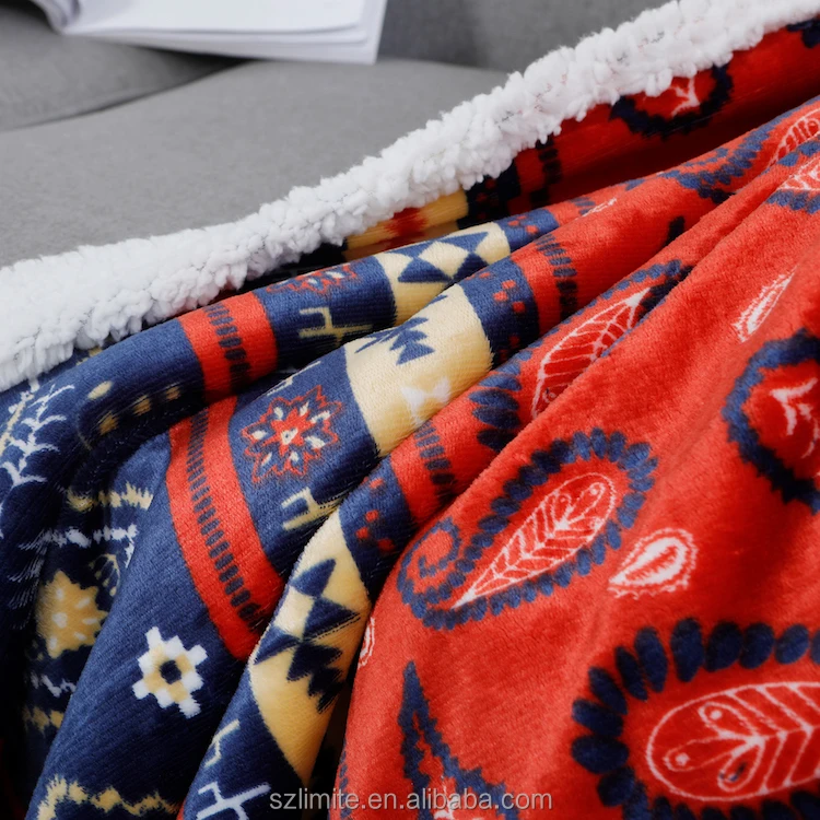  Fuzzy Warm Super Soft Reversible Boho double layer blankets Bohemian red fiber sherpa fleece fur throw