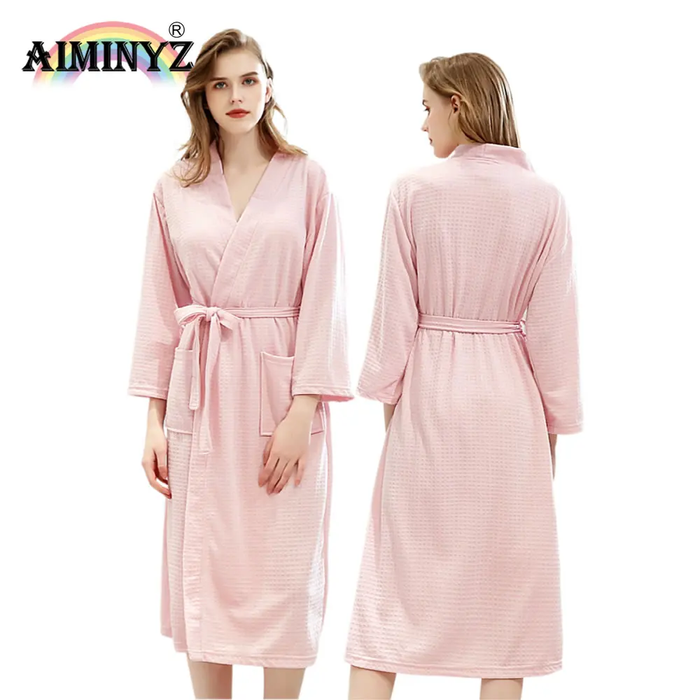 AIMINYZ New Fashion Design Men And Pajamas Thin Summer Waffle Long Sleeved Morning Gown Couple Homewear Medium length Bathrobe