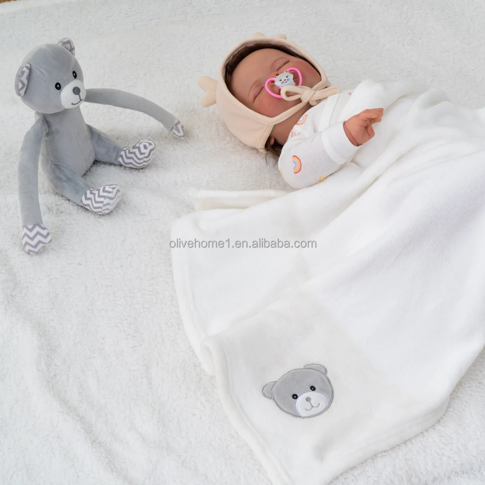 Bear Blankey Hugger Set Embroidery Bear White Throw Baby Blanket for small trolley