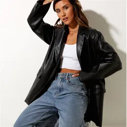 Y2639-women blazer for fashion solid color pu leather coat autumn woman blazer jacket