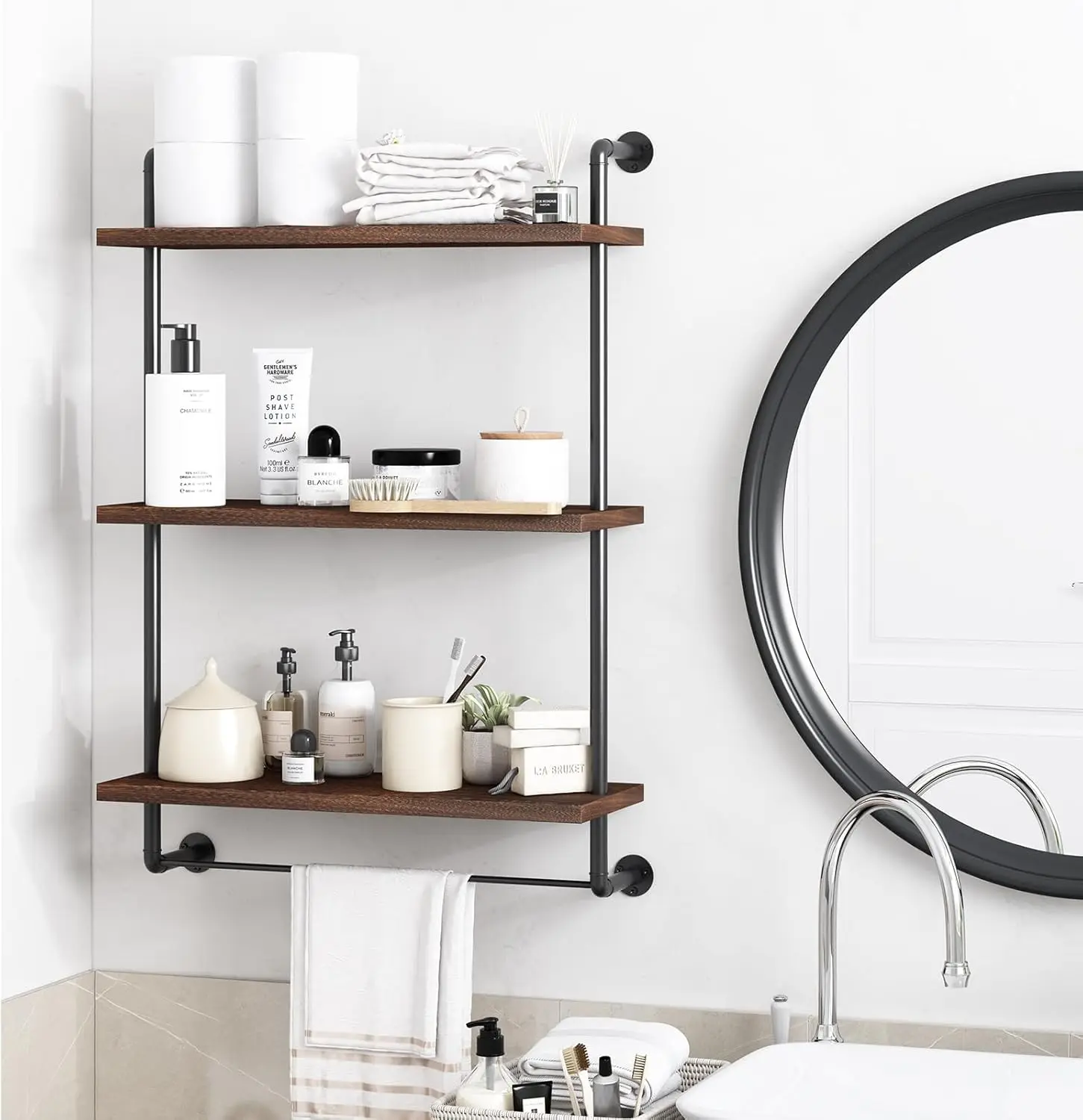 Fixwal 24in Over The Toilet Storage 3 Tier Bathroom Shelves Wall Mounted,Rustic Wood Industrial Pipe Shelf(Dark Carbonized Black