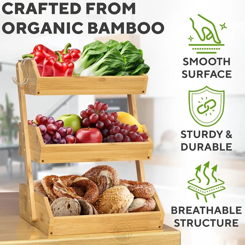 3-Tier Premium Bamboo Durable and Easy Fruit Stand for Countertop Bamboo Fruit Basket 3-Tier for Vegetables Bread and Snacks