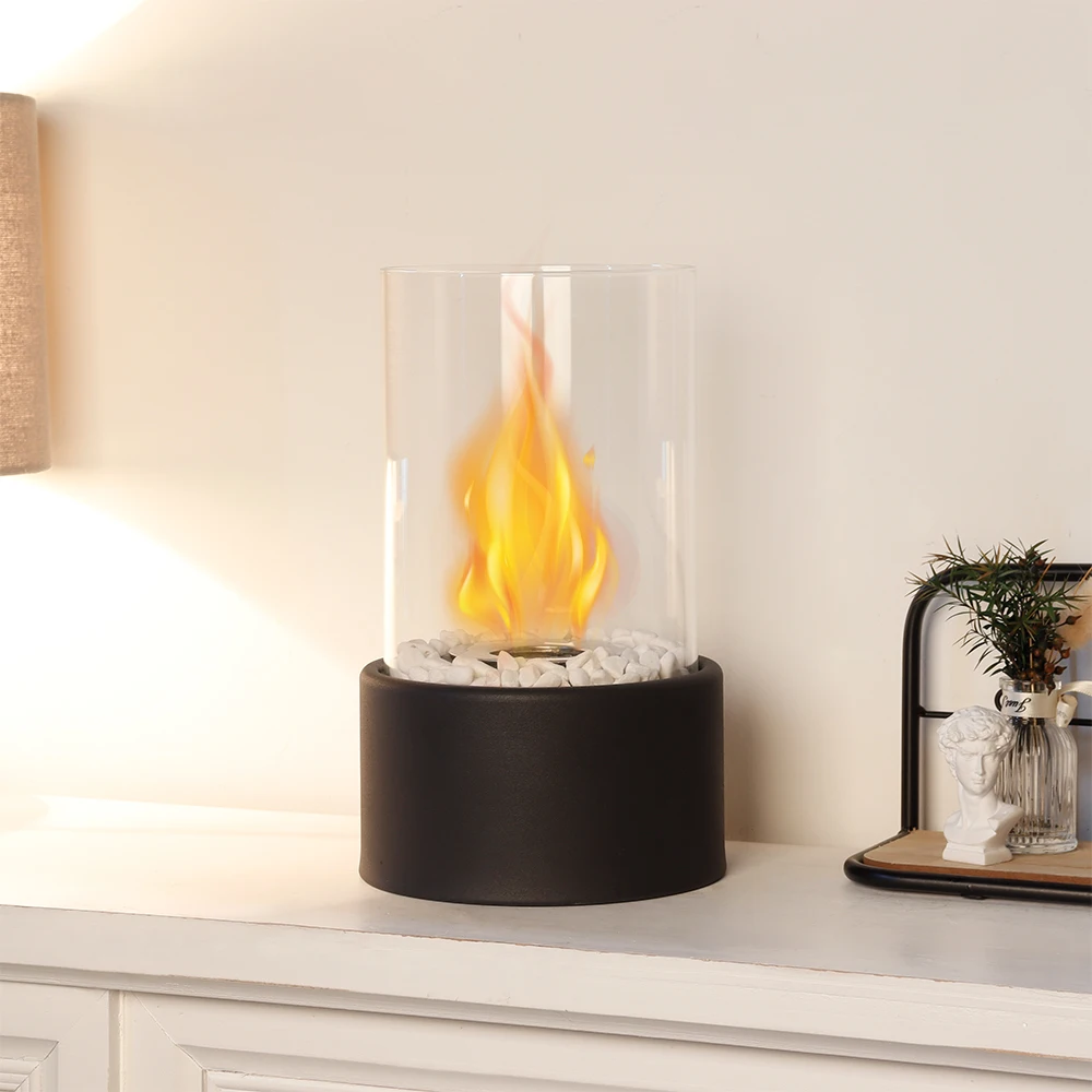 Round glass table fireplace bio ethanol burner fire pits smokeless portable fire pit for indoor home decor