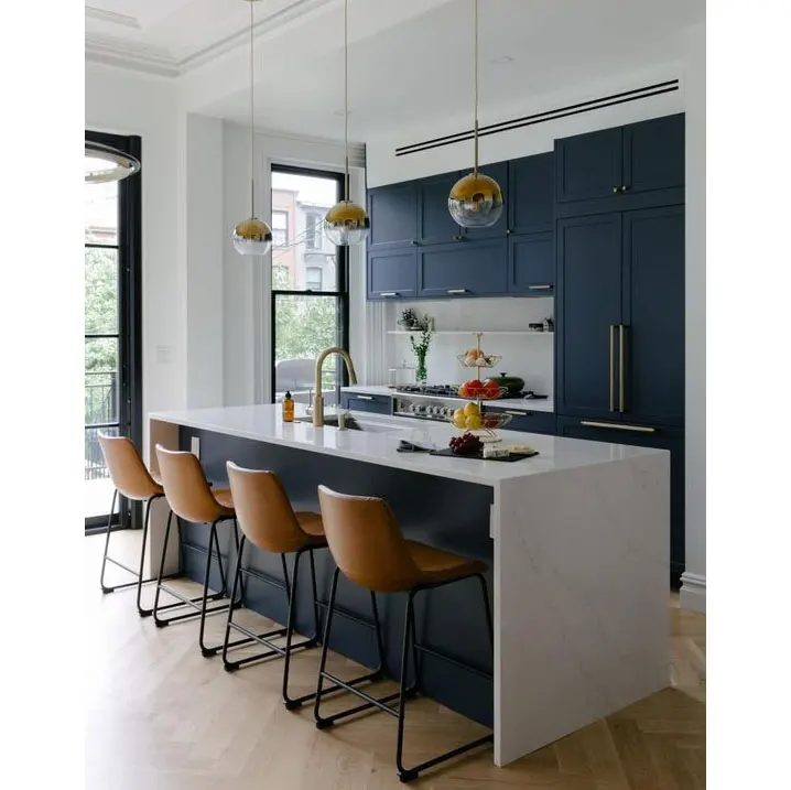 Navy Modern kitchen design cabinet Matte Finished Lacquer Shaker Kitchen Cabinet with Artificial Quartz Island