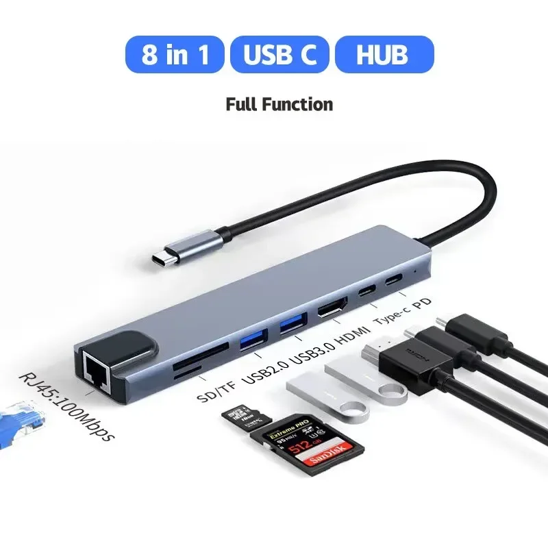 Type C to USB 8 in1 Hub HDMI 4K Adapter RJ45 Lan Ethernet TF SD Reader Docking Station 8 Ports USB C