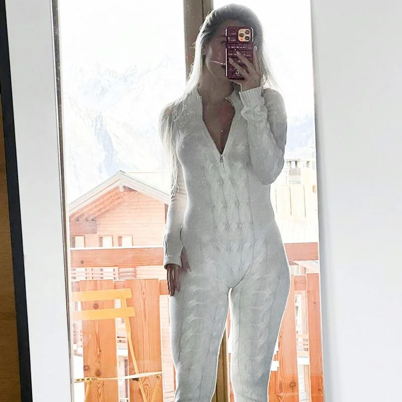 Womens Clothing  Long Sleeve O-Neck Zip Activewear Stretch Knit Overalls