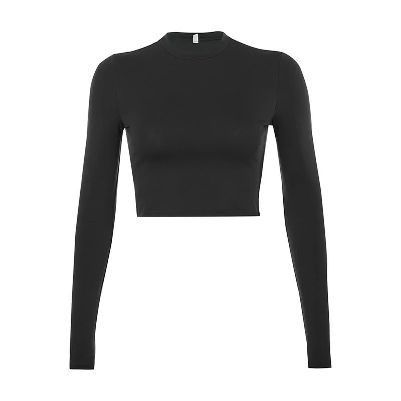Solid Basic Long Sleeve Womens Tshirt Casual Black White Fashion Crop Top T Shirt Ladies Fashion Korean Tee Shirt t lady