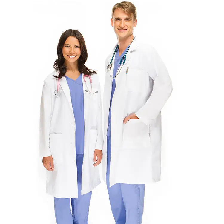 Customized LOGO Professional Unisex Cotton Polyester Hospital Uniforms Medical Science Doctor Nurse Wear White Lab Coat