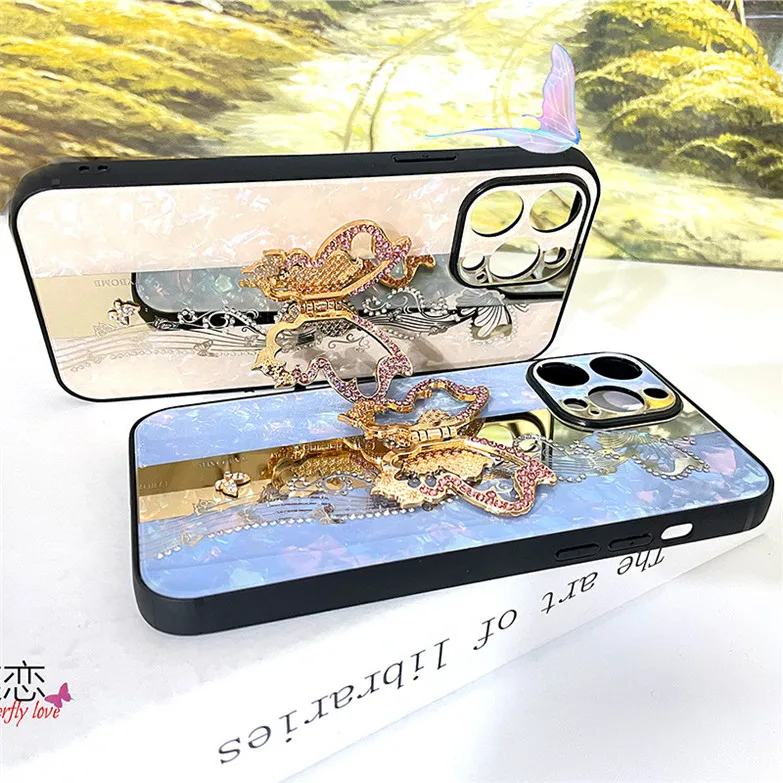 2022 New Luxury Rhinestone Mirror Phone Case For iPhone 14 Pro Max iphone 11 12 13 Case 3D butterfly Stand Holder Cover