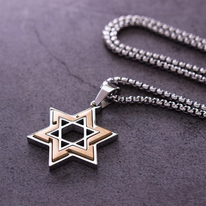 Fashion Stainless Steel Silver Hexagrams Star necklace Religious Amulet Men Statement Israel Star of David Pendant Necklace