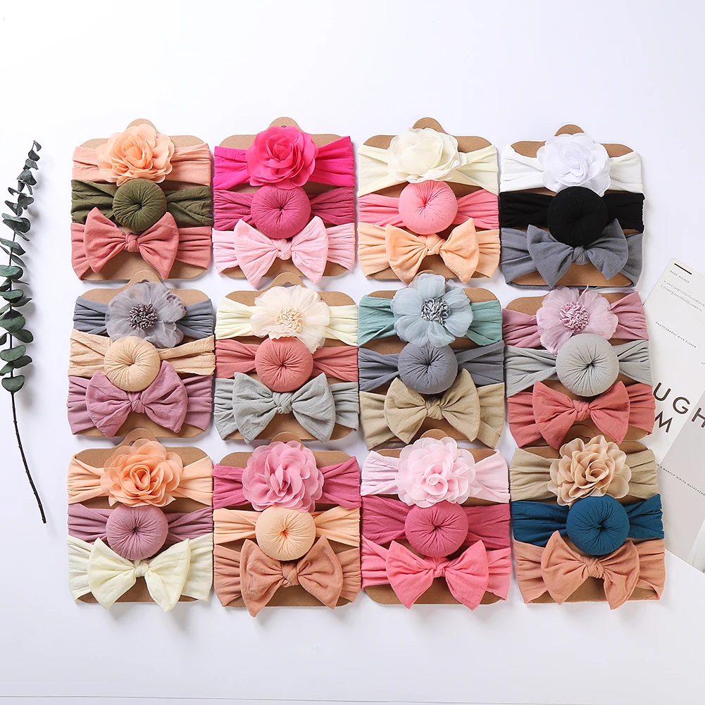 Elastic Chiffon Flower Headbands For Baby Girls Hair Accessories Baby Girls Bows Nylon Solid Color Turban Hair band set