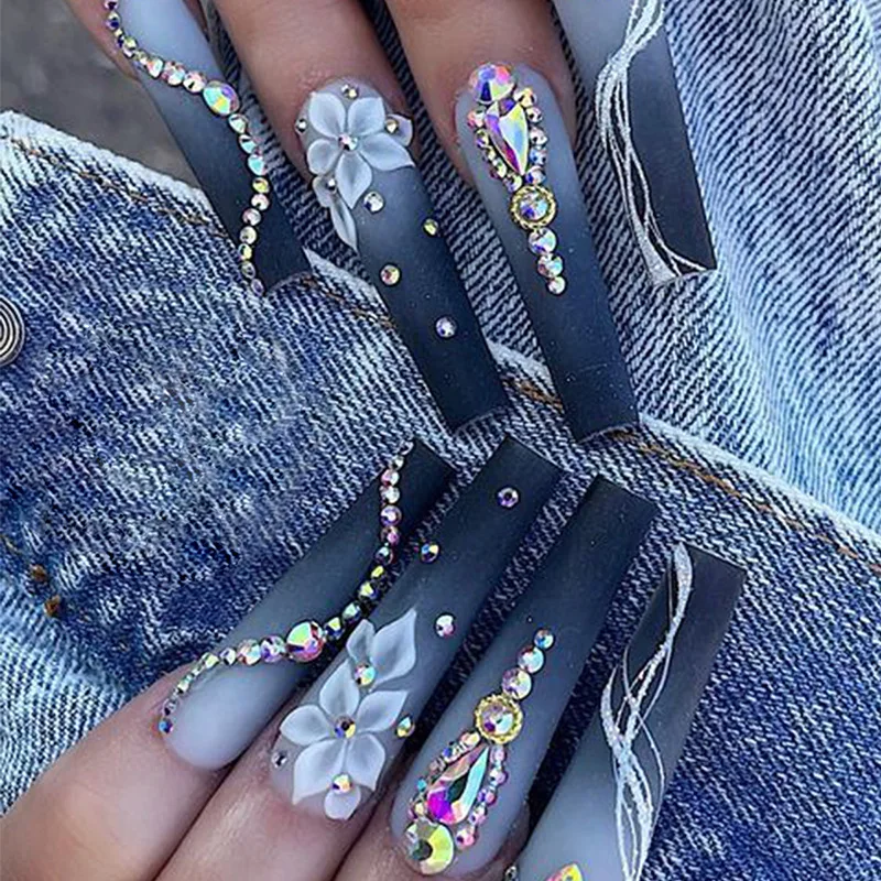 Long Press on Nails Coffin Dark Blue Gradient False Nails with White Flower Diamonds Design Glue Reusable Acrylic Fake Nails Gel