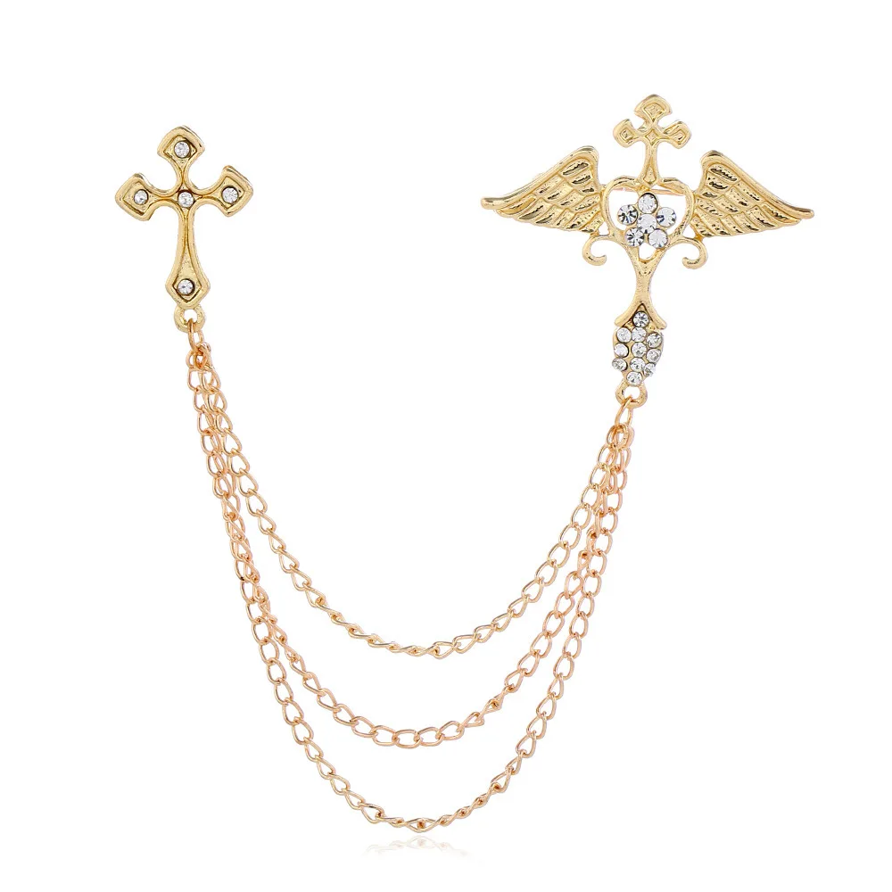 Wholesale Mens Luxury Rhinestones Decorate Clothing Accessories Suit Pin Cross Crown Collar Brooch Female Corsage