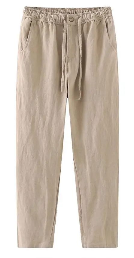 Customized Mens Casual 100% Linen Pants Wide Leg Solid Color Lightweight Elasticated Waist Straight Leg Linen Trousers