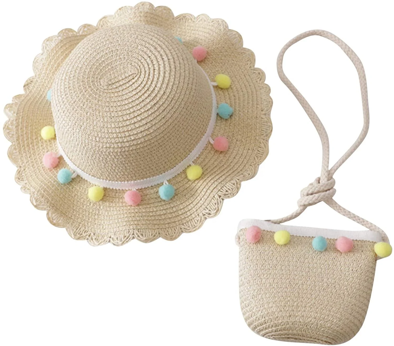 Cute Kids Toddler Baby Girls Multi-Colors Large Wide Brim Flower Beach Cap Sun Pompom Straw Hat and Bag Set