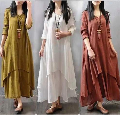 Women Maxi Dress 2022 Autumn New False Two-piece Long Sleeve Round Neck Loose Plus Size Irregular Dress
