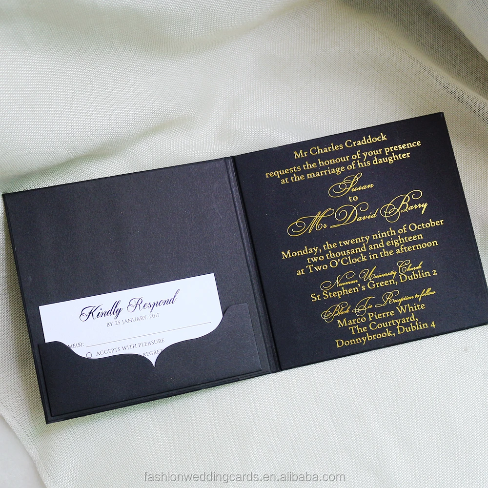 Bespoke Black and Gold Square Hardcover Wedding Invitation Card with Pocket Inside and custom hardcover wedding cards