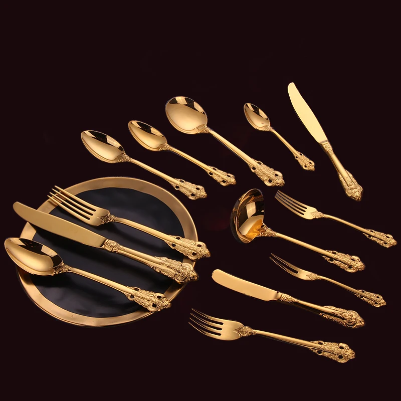 Hot Sale 2022 Royal Luxury Mirror Polish Gold Embossed Handle Stainless Steel Flatware Cutlery Set