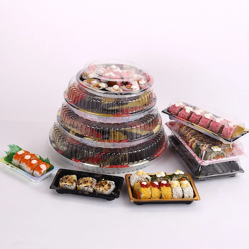 Black Plastic Container Sealed Buckle Food Packaging Round Tray sushi box