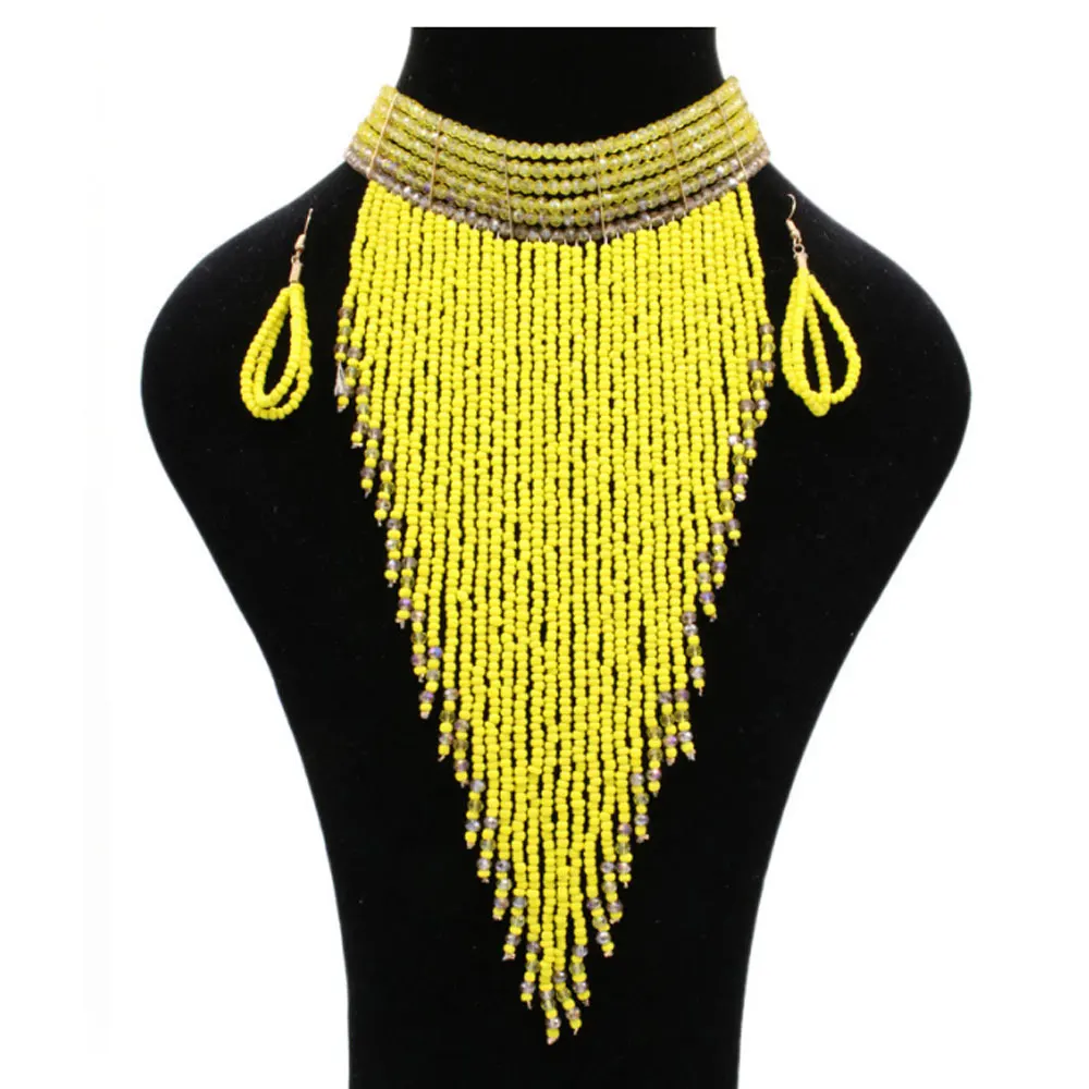 Traditional ethnic zulu collier femme africain South Cascade Zulu maasai beaded fringe long pendant necklace earring jewelry set