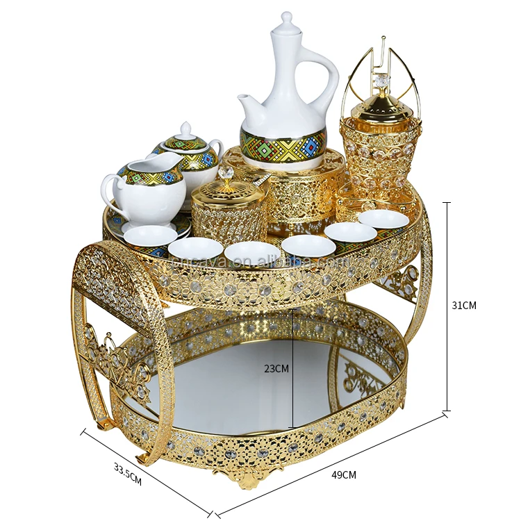 arabic traditional gold plate ethiopian coffee rekebot tea tray set with tilet design coffee set