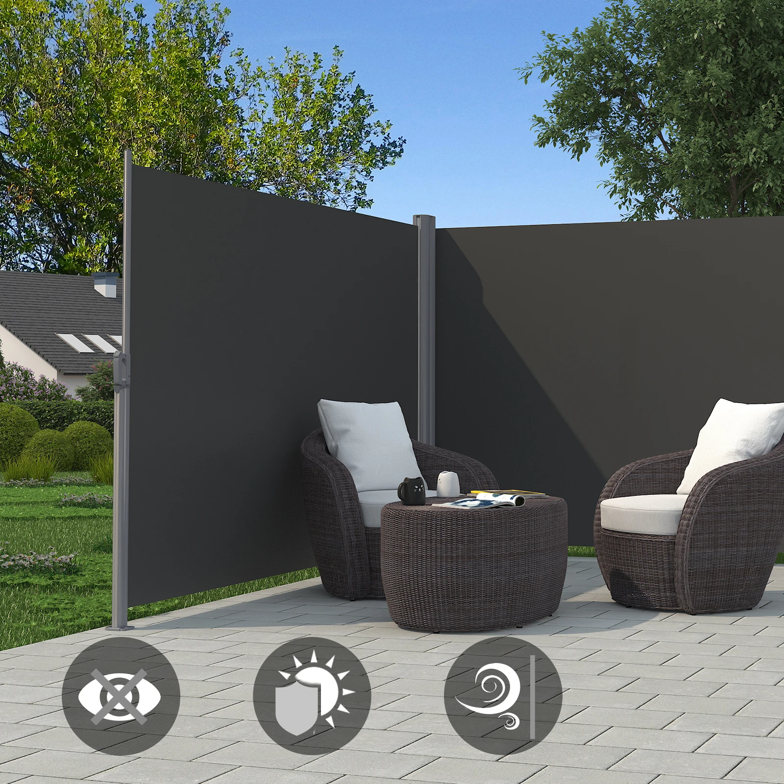 SONGMICS Retractable Double Folding Side Awning Outdoor Patio Garden Privacy Screen awnings with Steel Pole