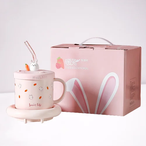 Pink rabbit style Intelligent Thermostatic Heating Warm Cup Coffee Milk Heating Cup Coffee Mugs Porcelain Cup pink Color With Li